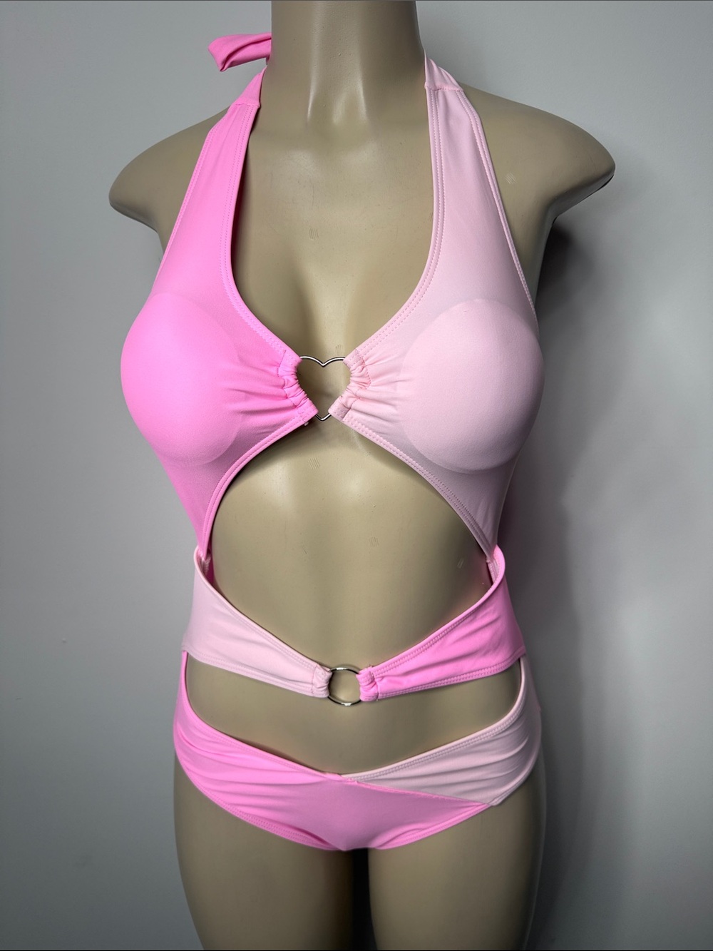 ROMWE Two-Tone Pink Halter Cutout One-Piece Swimsuit